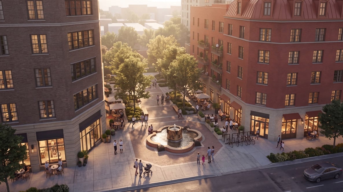 Sunlit piazza between brick courtyard buildings, with a central fountain, café terraces, shops, trees and people gathering.