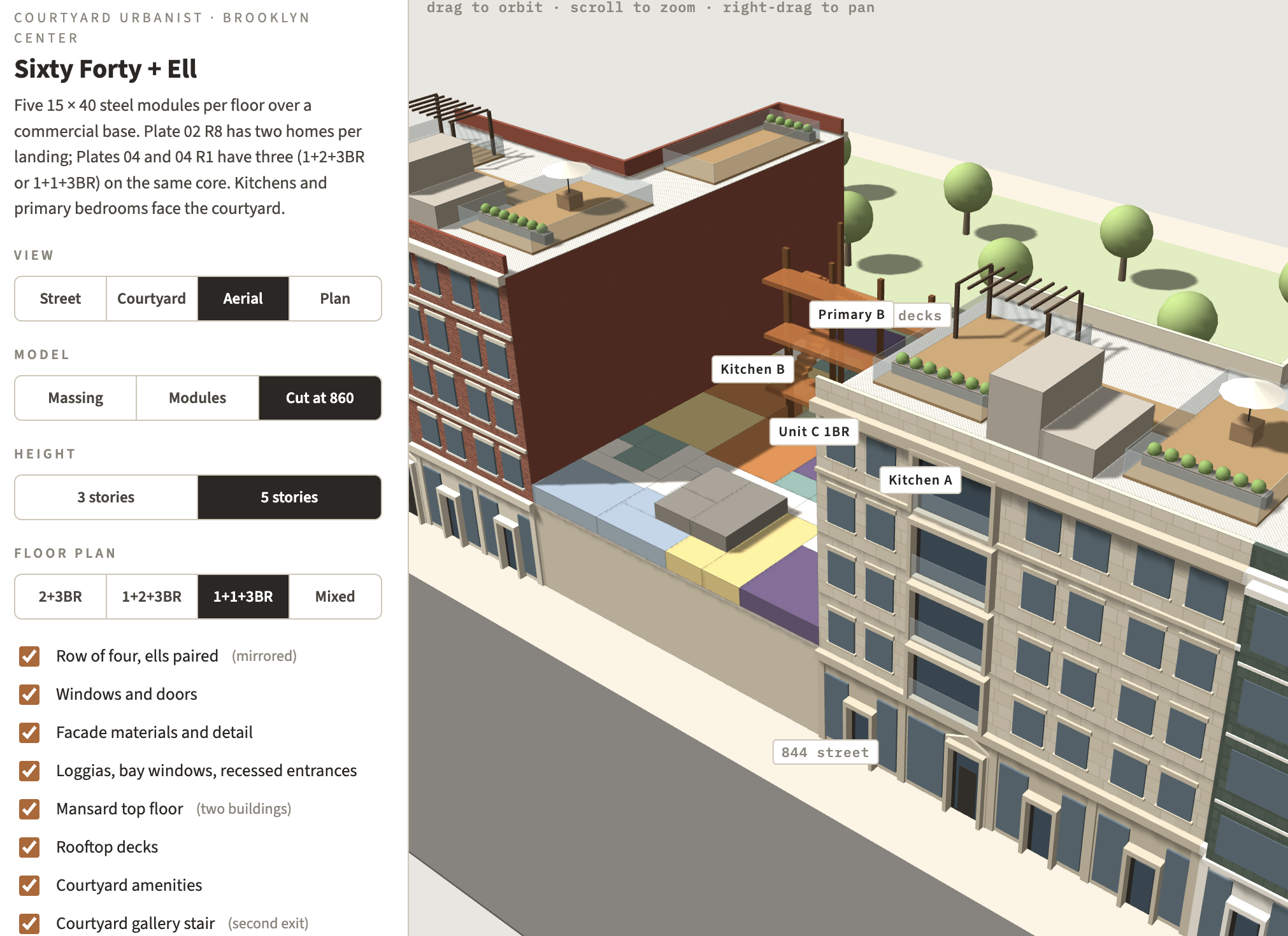 Screenshot of the Sixty Forty plus ELL prototype, showing paired buildings, rooftop decks, modular floor layouts and design controls.