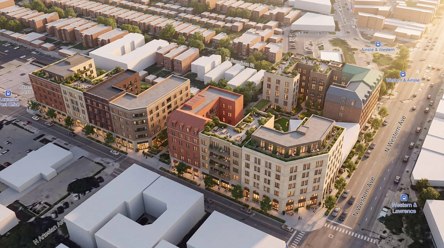 Aerial concept for Western and Lawrence showing a mixed-use perimeter of buildings, a fountain plaza and a planted interior courtyard.