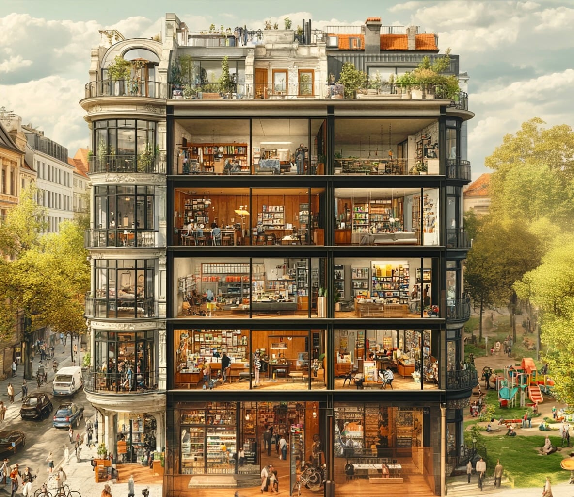 Illustrated cutaway of a city building filled with bookshelves and reading rooms, with rooftop terraces, street-level shops and a leafy park alongside.